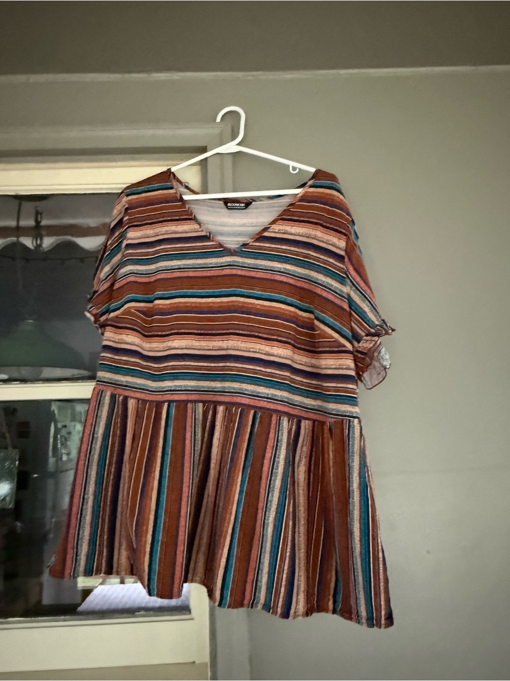 BloomChic Striped V-Neck Midi Dress in Rust and Teal